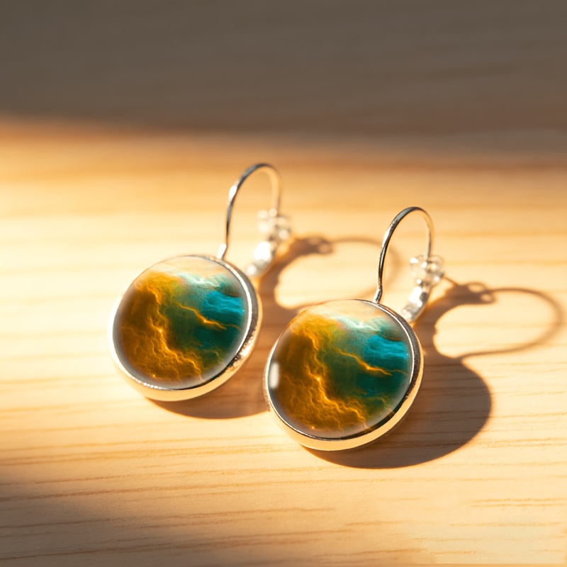 2pc Round Glass Inlaid Base Earrings Set, Multicolor Design